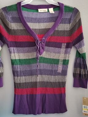 Vintage Y2K DKNY Jeans Sweater Med PETITE Striped Ribbed Lace-Up Whimsygoth NWT
